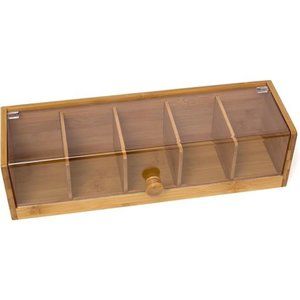 Bamboo Wood and Acrylic Tea Box with 5 Sections, 14" x 5" x 3-3/4"